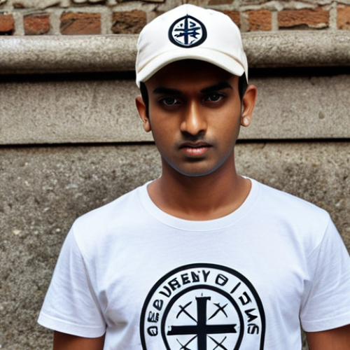 Home 23 **
A young Indian man, stylishly dressed in casual wear (T-shirt and jeans), confidently poses while wearing a Stone Island cap. The cap features the iconic Stone Island logo prominently. The background is a vibrant urban setting, suggesting a modern, trendy lifestyle. Capture the essence of Stone Island as a status symbol in youth culture. Focus on detail: the cap's texture, the man's expression, and the dynamic background.
**