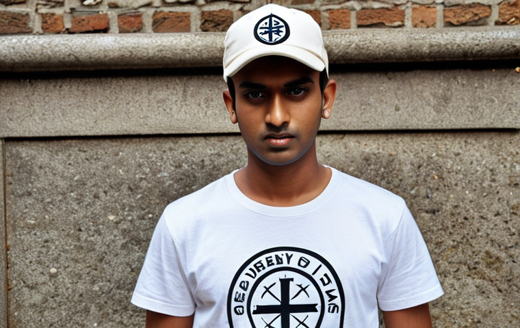 **

A young Indian man, stylishly dressed in casual wear (T-shirt and jeans), confidently poses while wearing a Stone Island cap. The cap features the iconic Stone Island logo prominently. The background is a vibrant urban setting, suggesting a modern, trendy lifestyle. Capture the essence of Stone Island as a status symbol in youth culture. Focus on detail: the cap's texture, the man's expression, and the dynamic background.

**
