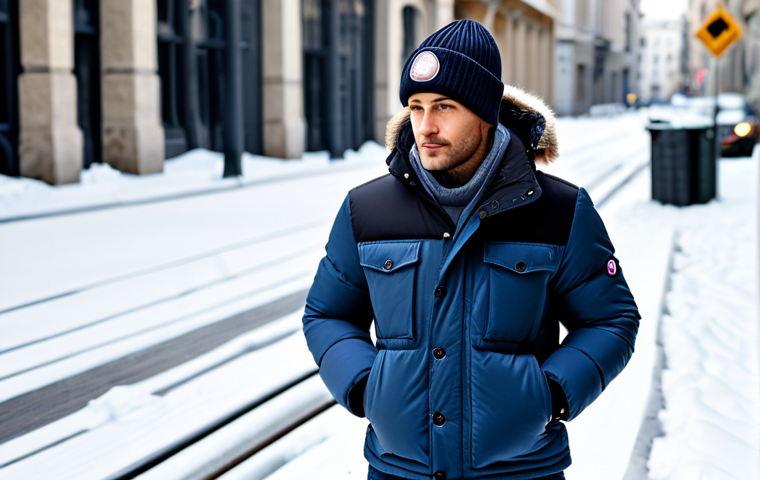 Moncler Padded Cap**
"A stylish individual wearing a Moncler padded cap, fully clothed in a casual winter outfit (jeans and jacket), standing outdoors in a snowy urban setting. Safe for work, appropriate content, professional, perfect anatomy, natural proportions, well-formed hands, proper finger count, high-quality image, family-friendly, fully clothed, modest clothing."
**
